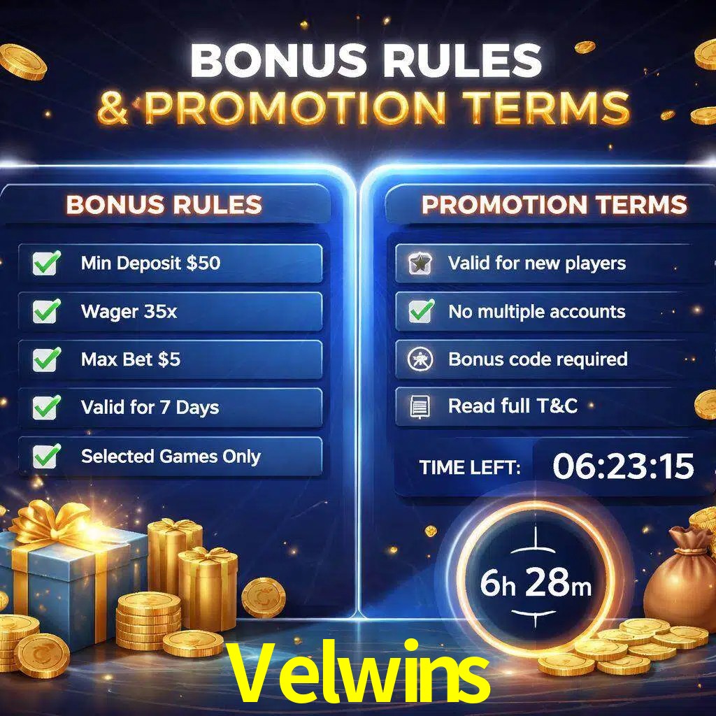 Reglas de promoción Velwins y condiciones de bonos explicadas visualmente
