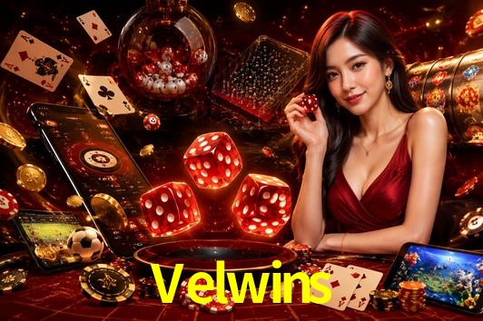 Una escena digital vívida inspirada en casino con Velwins mostrado prominentemente, luces brillantes, fichas, cartas y acentos dorados.