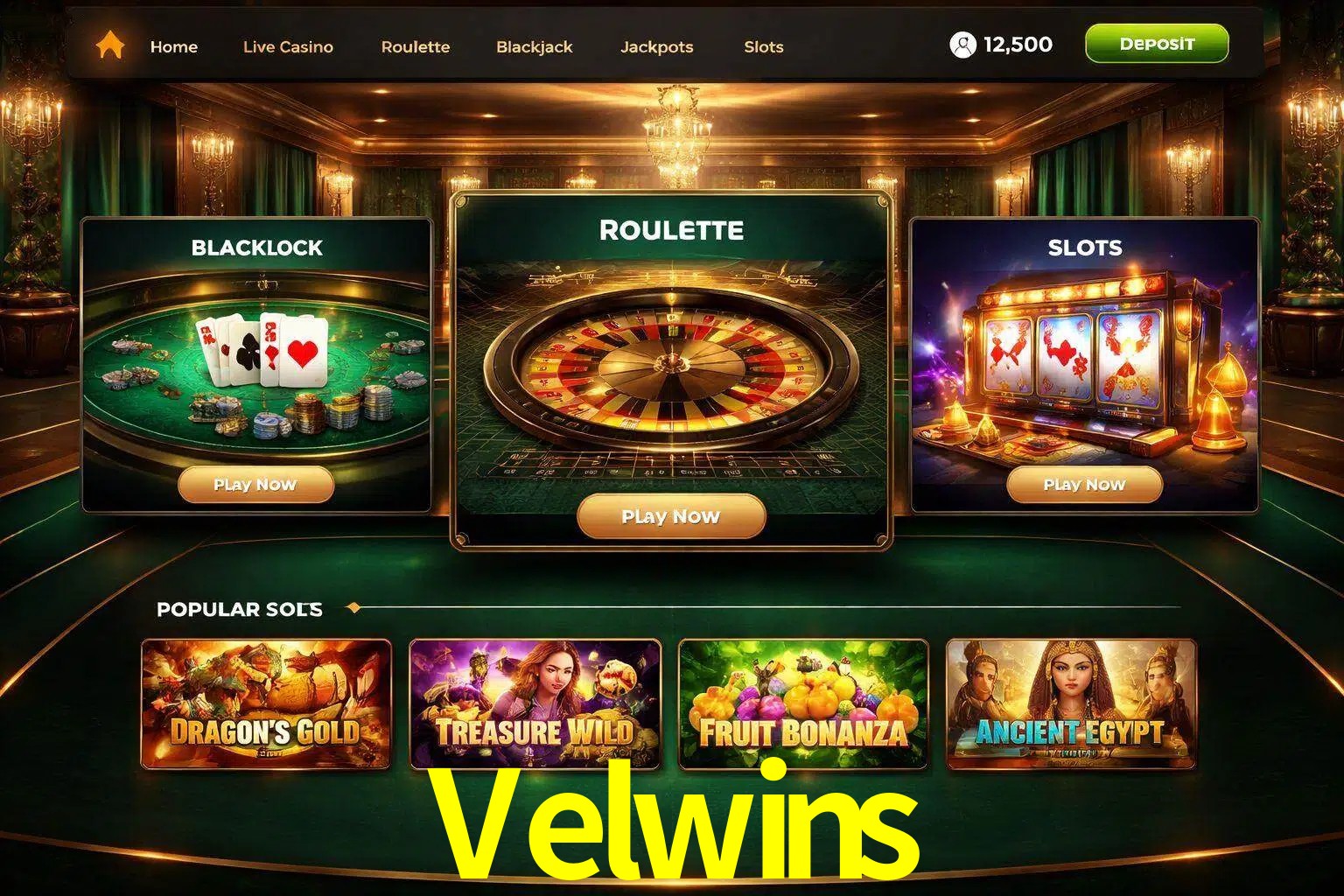 Vista de la plataforma Velwins Casino mostrando categorías organizadas de juegos en línea