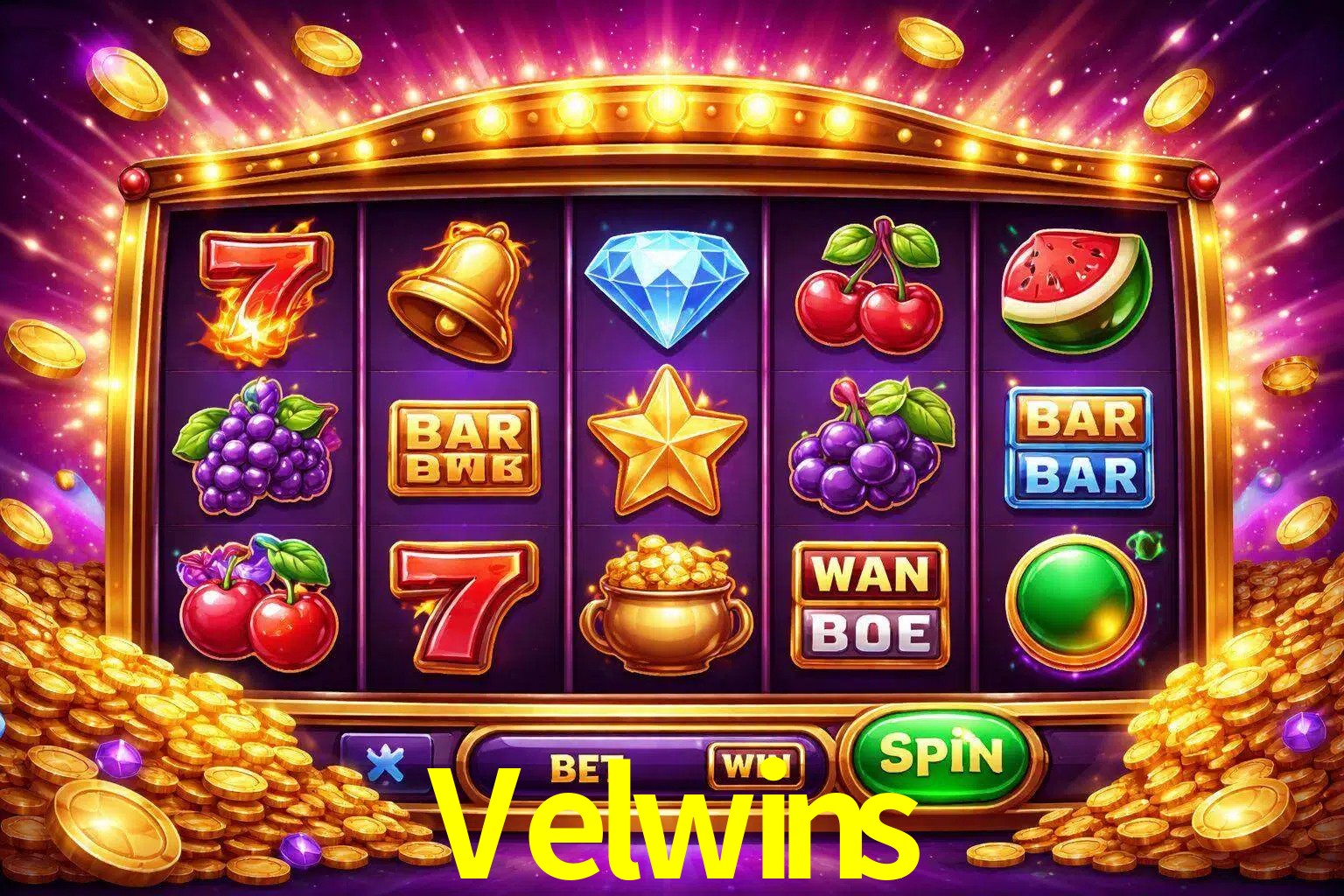 Una interfaz colorida de tragamonedas en línea con símbolos brillantes, monedas y un efecto de victoria celebratoria en Velwins.