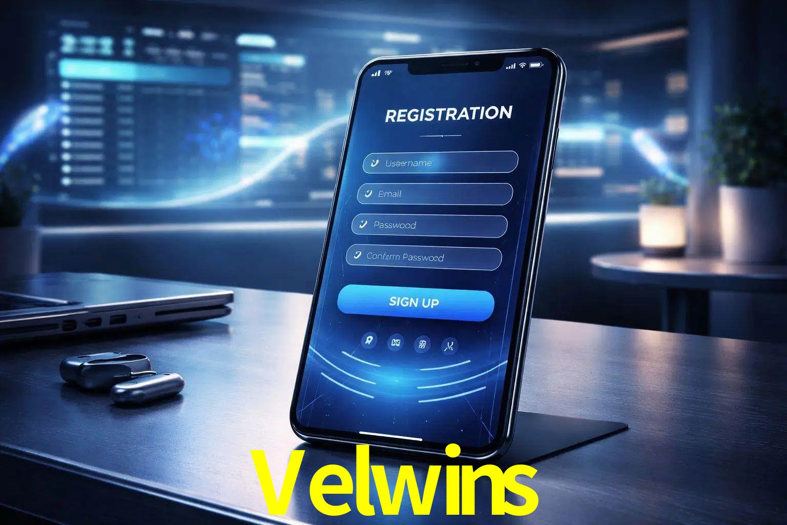 Una interfaz moderna de registro móvil para Velwins mostrada en un smartphone con un panel de apuestas elegante.